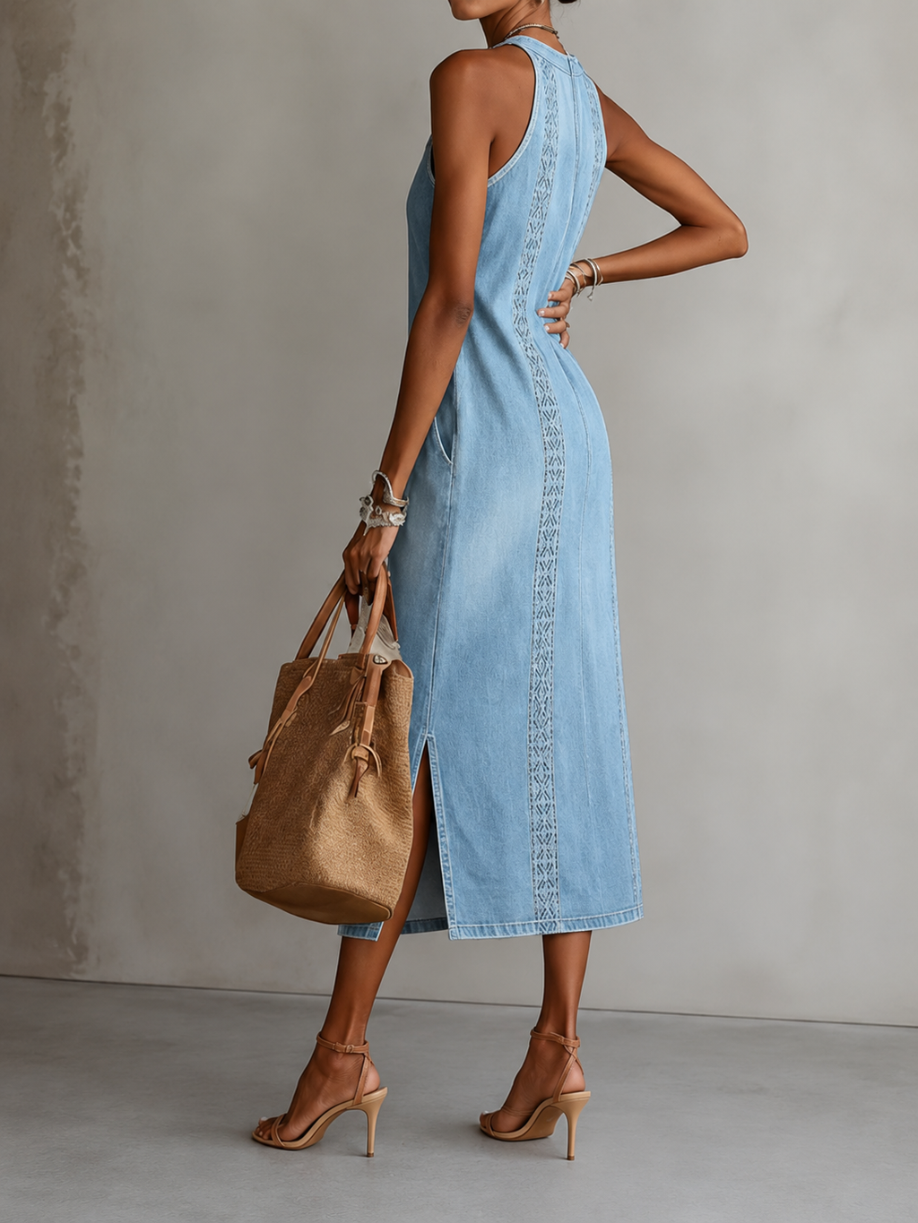 Vestido vaquero con estampado de encaje.