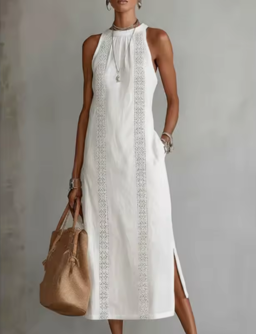 Vestido vaquero con estampado de encaje.