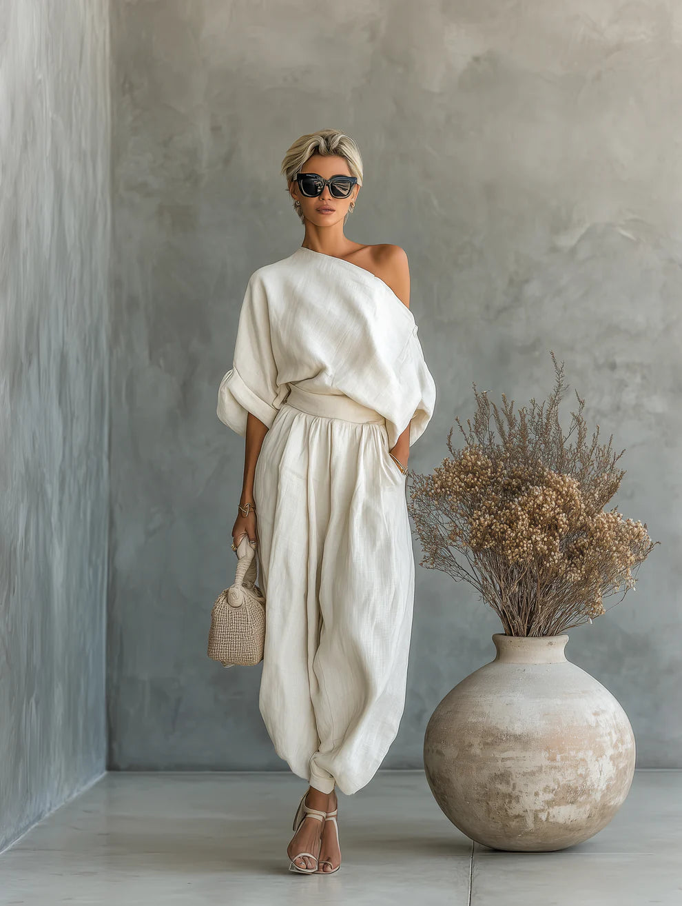 Lisa | Top suave con hombros descubiertos y pantalones tapered