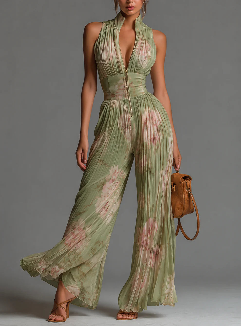 Valentina | Mono plisado de gasa con estampado floral verde salvia y mangas tipo kimono