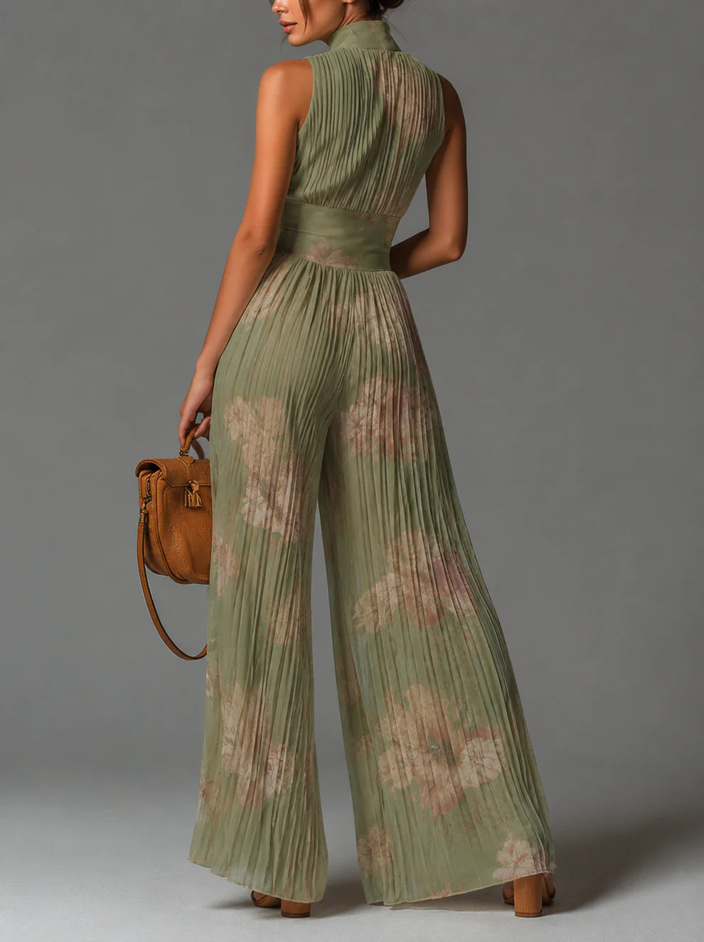 Valentina | Mono plisado de gasa con estampado floral verde salvia y mangas tipo kimono